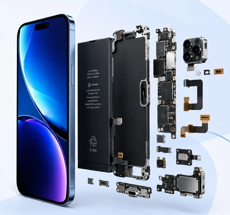 Smartphone displayed beside its internal spare parts